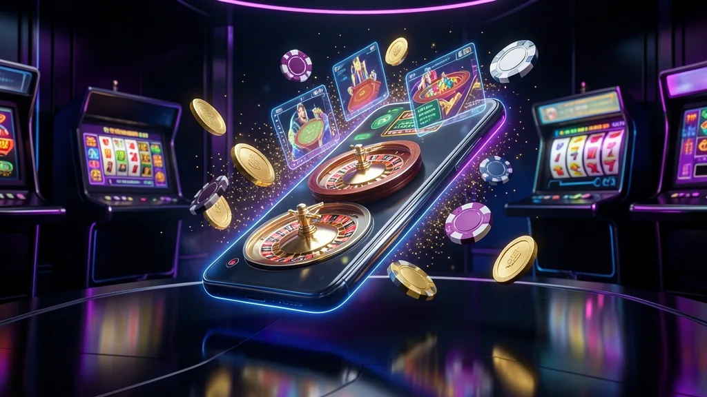 Glowing smartphone projecting holographic roulette, slots, chips, and coins