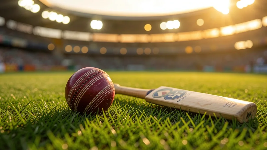 Cricket bat and ball resting on grass under stadium lights