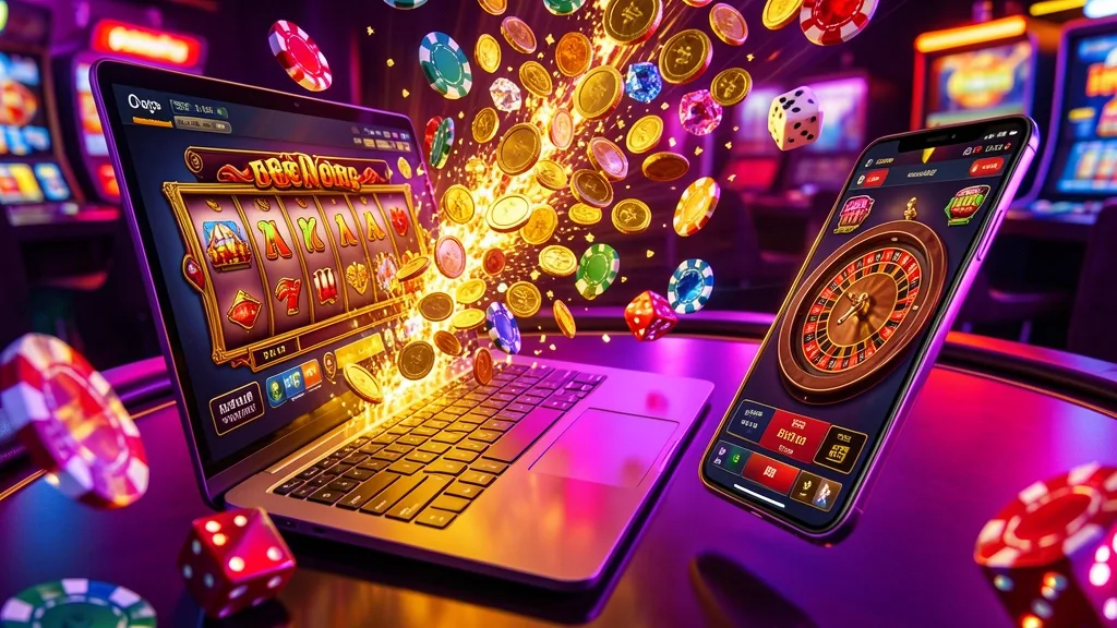 Tilted laptop and smartphone surrounded by flying golden coins