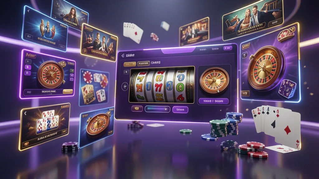 Floating casino game windows with slots, roulette, cards, and chips