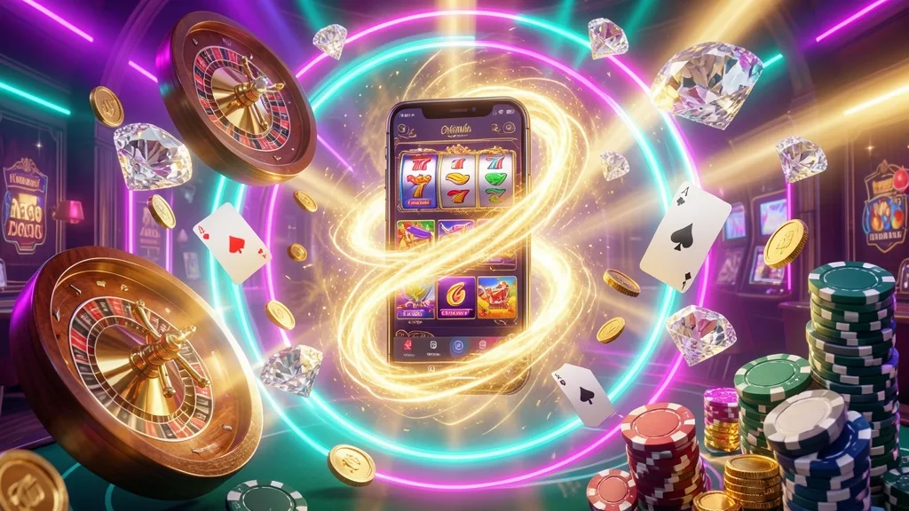 Smartphone floating inside a glowing portal surrounded by casino elements