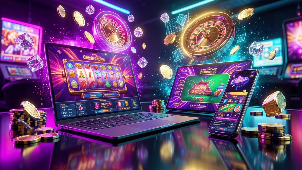 Laptop and smartphone displaying colorful online casino games