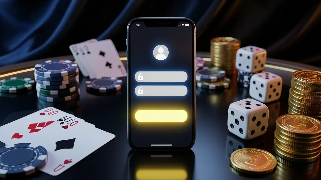 Smartphone showing casino login screen surrounded by gambling accessories
