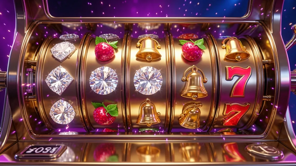 Golden slot machine showing diamonds, bells, fruits, and sevens