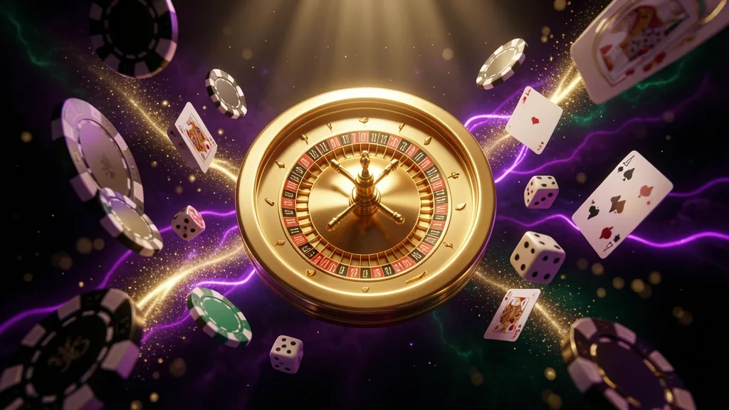Golden roulette wheel floating among casino objects in cosmic space