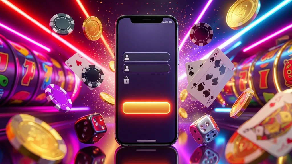 Neon casino login screen surrounded by chips, coins, cards, and dice