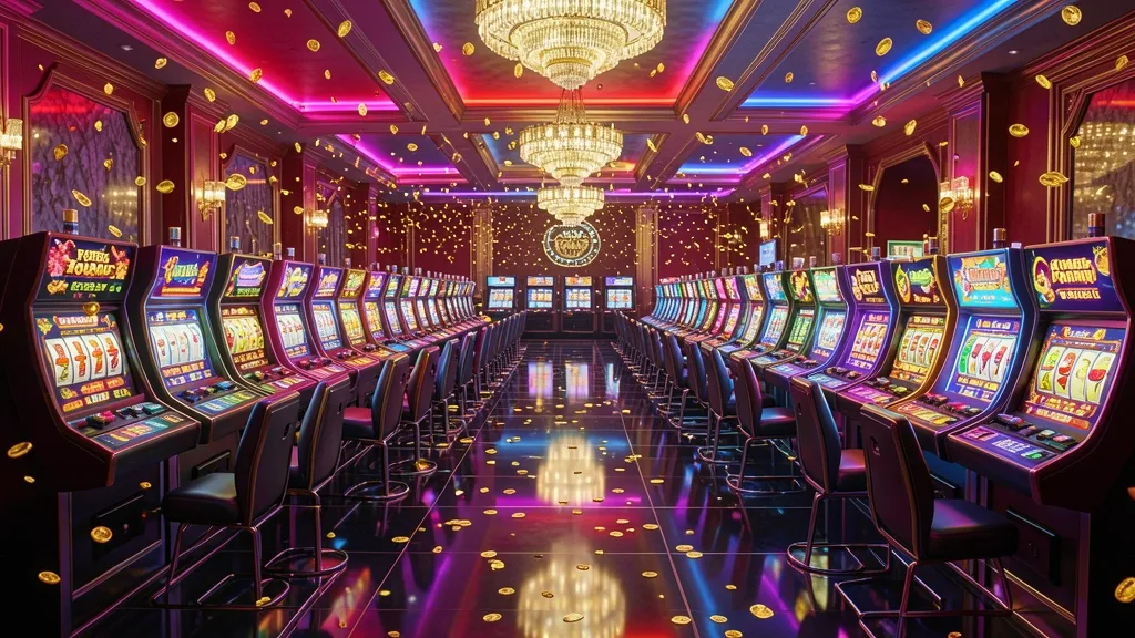Luxurious casino hall filled with glowing rows of slot machines